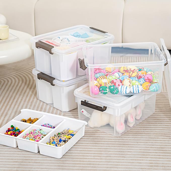 Citylife 17 QT Plastic Storage Box with Removable Tray and 6 Detachable Tall Inserts Craft Organizers and Storage Clear Storage Container for Organizing Crayon, Craft, Sewing, Playdoh, 4 Packs - Image 8