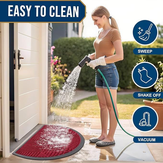 Smiry Half Circle Front Door Mat Outside Entrance, Heavy Duty Sturdy Natural Rubber Doormat, Trap Dirt and Moisture, Low Profile Mats for Indoor Outdoor Entry, Irregular Triangle (47x32, Wine Red) - Image 6