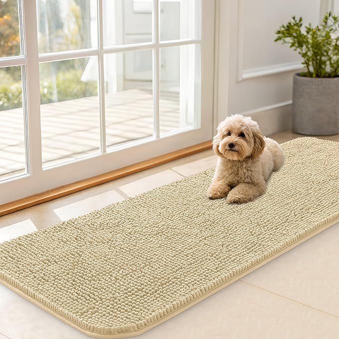 OLANLY Dog Door Mat for Muddy Paws 59x20, Absorbs Moisture and Dirt, Absorbent Non-Slip Washable Doormat, Quick Dry Chenille Mud Mat for Dogs, Entry Indoor Entryway Carpet for Inside Floor, Sand by OLANLY