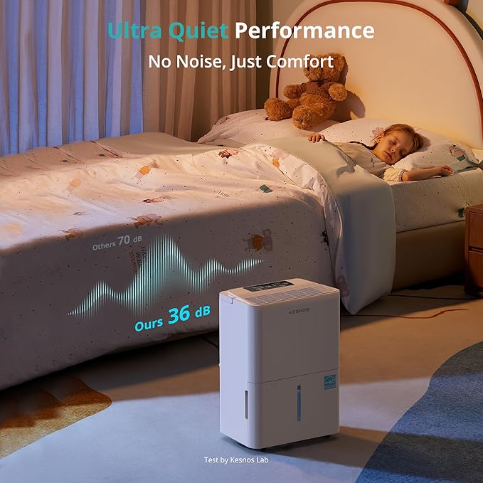 Kesnos 2,500 Sq. Ft. Energy Star 2025 Dehumidifier for Home & Basement, Ideal for Bedroom with Ultra Quiet 36 dB, 0.39-Gallon Water Tank with Drain Hose, 4 Pre-Set Modes, Auto Defrost, Timer - Image 5