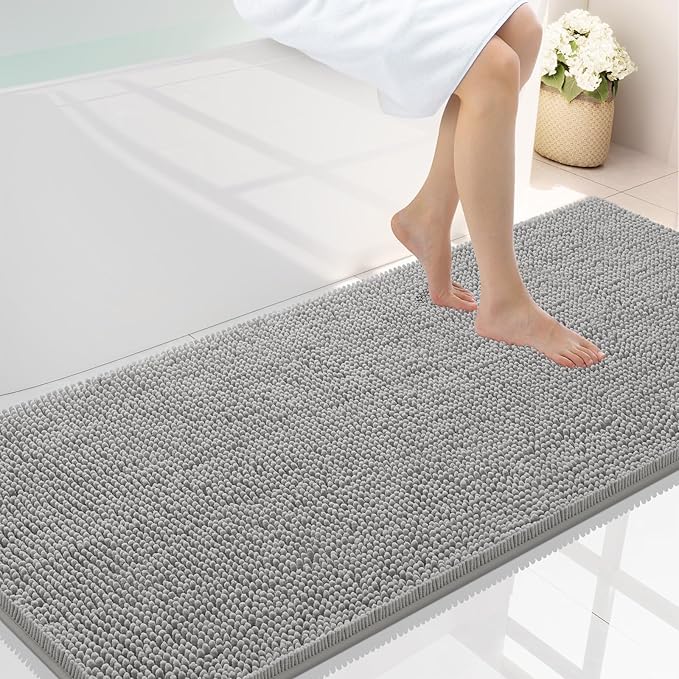 Smiry Luxury Chenille Bathroom Rugs 59x24, Extra Soft and Absorbent Shaggy Bath Mat, Machine Washable, Non-Slip Plush Carpet Runner for Tub, Shower, and Floor, Home Decor Accessories, Light Grey by Smiry