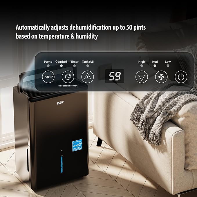 DuraComfort 50 Pint Dehumidifier, Built-in Pump, 4500 Sq Ft Coverage, Energy Star, Black - Image 6