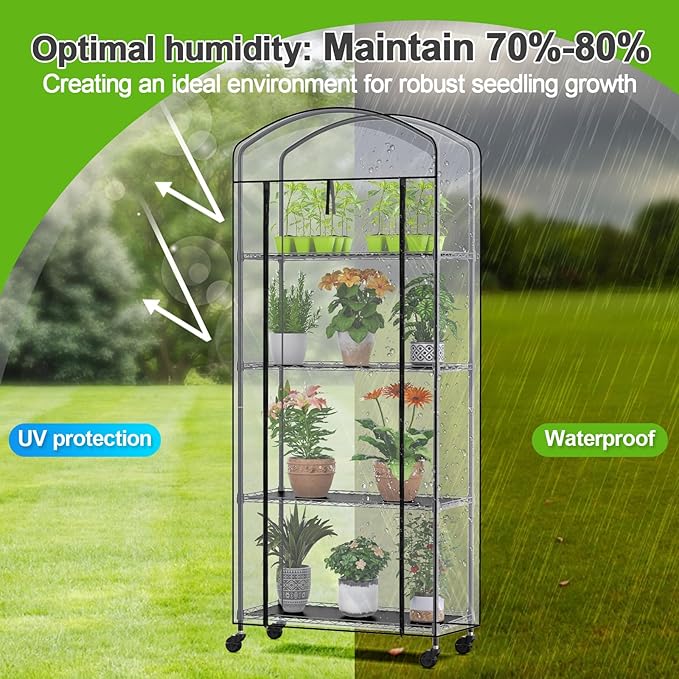 Abimars 4-Tier Greenhouse with Wheels, Height-Adjustable Shelves Metal Plant Shelf with PVC Cover for Seed Starting Trays, Seedling Pots, Plant Pots, 13x29x73inch - Image 6