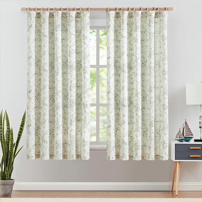 jinchan Floral Curtains 63 Inch Length Sage Green Flower Linen Farmhouse Curtain for Living Room French Country Vintage Curtain Rod Pocket Curtains Set 2 Panels Floral Printed - Image 2