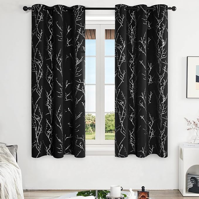 Deconovo Black Blackout Curtains, Thermal Insulated Soundproof Privacy Curtain Drapes, Branch Foil Print, 42 x 63 Inch Long, 2 Panels, Machine‑Washable Window Panel for Bedroom Living Room Office Home - Image 2