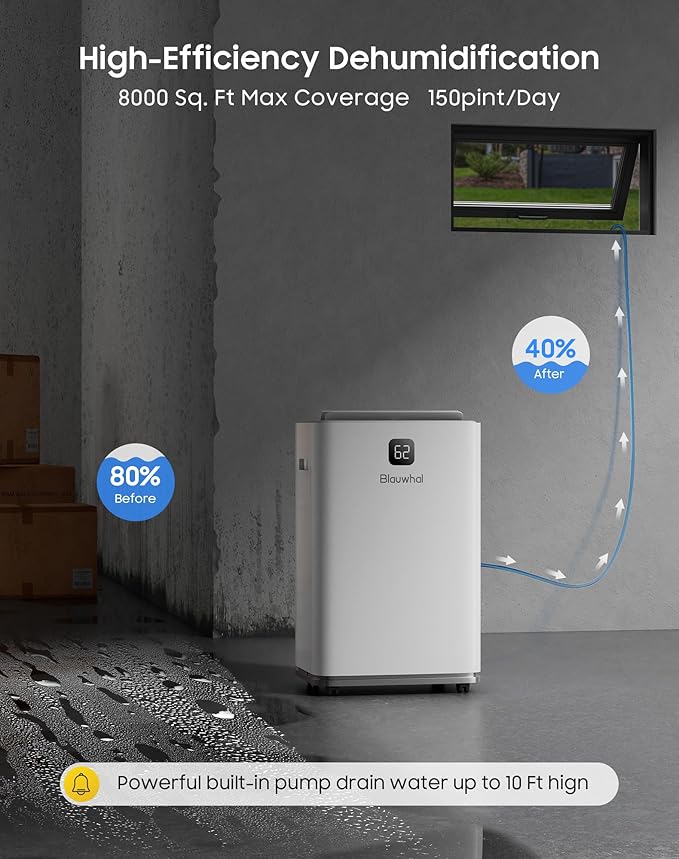 150 Pints Dehumidifier with Pump, 8000 Sq.Ft Dehumidifier for Basement with Drain Hose & 2.11 Gal Water Tank, Large Dehumidifiers for Large Room Warehouses Commercial and Home (150 pint) - Image 2