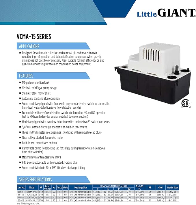 Little Giant VCMA-15ULT 115 Volt, 65 GPH, 1/50 HP Automatic Condensate Removal Pump with Tubing (no safety switch), Black/White, 554411 - Image 10