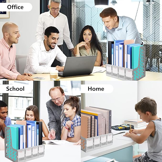 SAYEEC Magazine File Holder, Plastic Desktop File Folder Organizer with 4 Large Compartments, Vertical Desk Binder Organizer Office Organization and Storage File Holder for Desk, School, Home (Grey) - Image 6