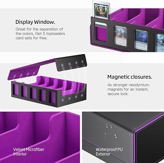 Trading Card Storage Box 5-Row 3900+ Capacity,TCG MTG Card Case with Magnetic Lid & Commander Display,Top Loader Storage for Sports Cards,Includes Dividers Dice Box（Black Purple） - Image 5