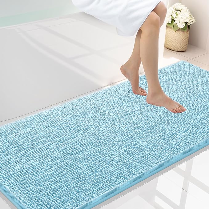 Smiry Luxury Chenille Bathroom Rugs 59x24, Extra Soft and Absorbent Shaggy Bath Mat, Machine Washable, Non-Slip Plush Carpet Runner for Tub, Shower, and Floor, Home Decor Accessories, Sky Blue by Smiry