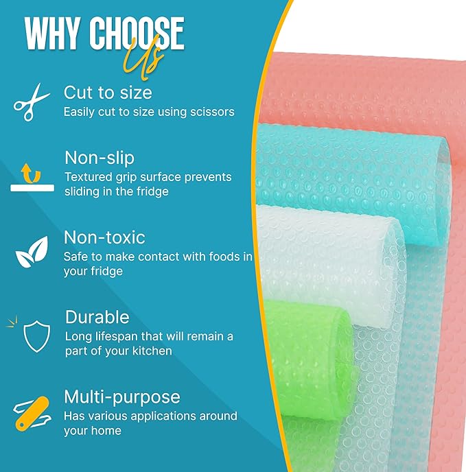 Refrigerator Liners for Shelves (12 Pack) by Linda’s Essentials - Non-Adhesive Shelf or Drawer Liner, BPA-Free Fridge Mats for Kitchen & Cabinets, Easy to Clean, Ideal Household Essentials(MultiColor) - Image 4