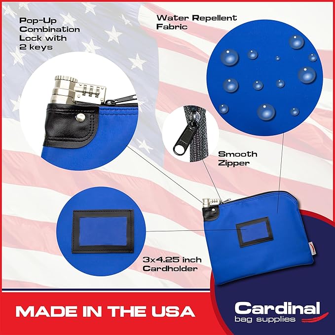 Heavy-Duty Money Bag with Lock – 9" x 12" Water-Repellent Laminated Nylon Bank Deposit Bag with Combination & Keyed Security for Cash, ID Window, Made in USA (Royal Blue) - Image 3
