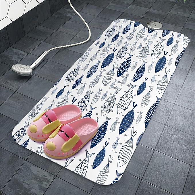 Fish Bathtub Mat Non Slip, Boho Baby Bath Mat for Tub Rubber Tub Mat, Cute Kids Bath Mats for Bathroom Ocean Anti Slip Shower Mat with Suction and Drain Holes Machine Washable, 40″X16″ - Image 8
