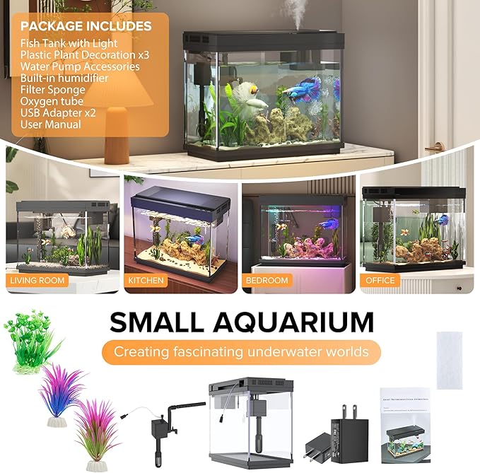 Fish Tank, 2.4 Gallon Fish Aquarium, Fish Tank Starter kit with Smart Humidifier, Temperature Display, 7-Color Lighting, 3 in 1 Quiet Pump with Filteration & Oxygenation & Circulation - Image 8