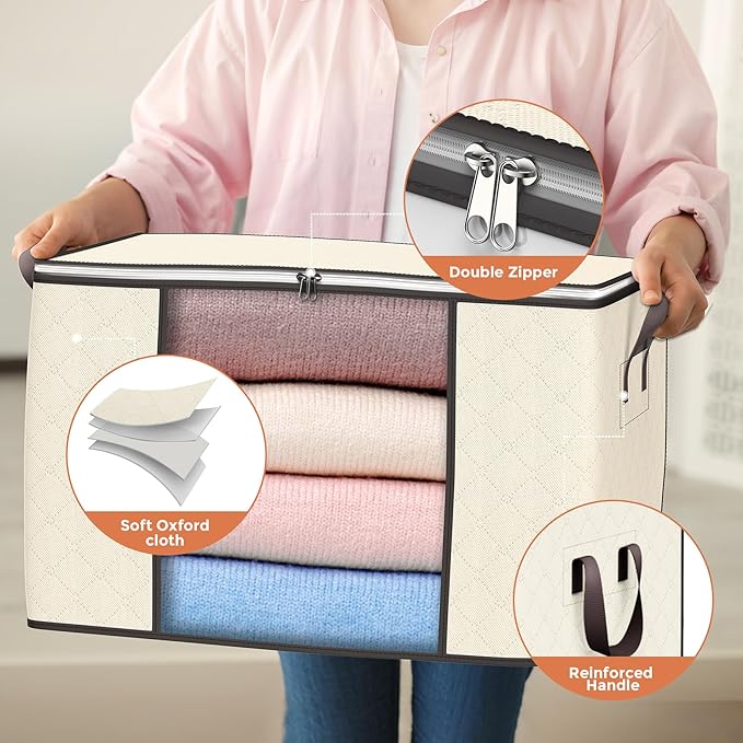 90 L Large Storage Bags, 4 Pack Clothes Storage Bins Foldable Closet Organizers Storage Containers with Reinforced Handle for Clothing, Blanket, Comforters, Bed Sheets, Pillows and Toys (Beige) - Image 3
