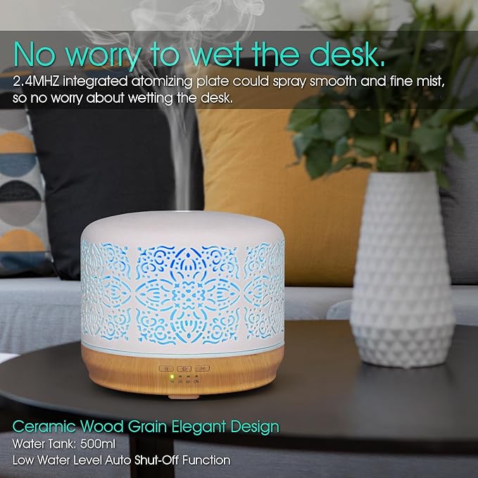 Earnest Living Essential Oil Diffuser White Ceramic Diffuser 500 ml Timers Night Lights and Auto Off Function Home Office Humidifier Aromatherapy Diffusers for Essential Oils - Image 6
