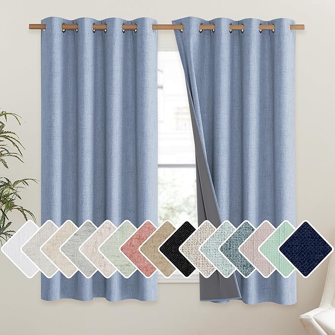 NICETOWN Stone Blue Vintage Linen 100% Blackout Curtains for Living Room, Thermal Insulated Curtains 48" Long, Noise Reducing Window Treatment Drapes for Hall Room, 52" Wide Per Panel, Set of 2 by NICETOWN