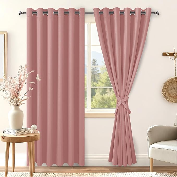 Hiasan Room Darkening Curtains for Bedroom, 70 x 84 Inches - Thermal Insulated & Energy Saving Window Drapes for Living Room/Dorm Room, Set of 2 Panels Sewn with Tiebacks, Dusty Rose - Image 2