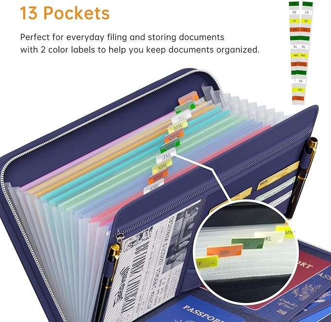 Tamfile Fireproof Accordion File Organizer with Handle, 13 Pocket Expanding File Folder with Zipper & Labels, File Folder with Multi-Pockets Paper Organizer Folder for Letter A4 Files, Blue - Image 7