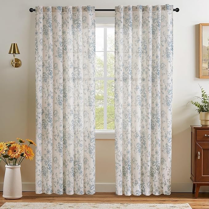 jinchan Linen Blend Curtain Floral Curtains for Living Room 84 Inch Length Blue Printed Curtain Rod Pocket Back Tab Farmhouse Peony Flower Patterned Drapes Bedroom Window Curtains Set 2 Panels - Image 7