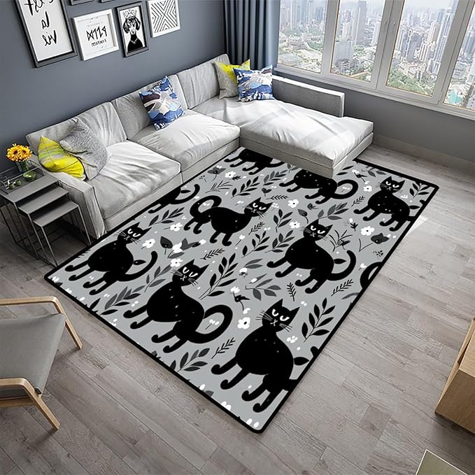 Area Rug Black Cats and Flowers, Pattern Printing, Non-Slip Area Rugs, Fade Resistant, Flame Resistant, Quick Dry, Stain Resistant, Waterproof Floor Carpet for Living Room Bedroom, 72 x 108 Inch - Image 2