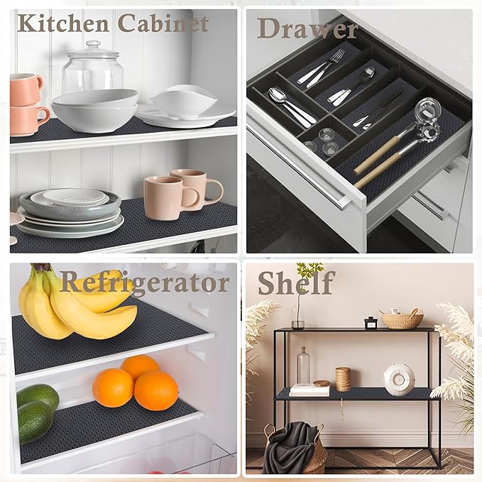 Cabinet Shelf Liners 15 Inch Wide X 20 Ft Kitchen Drawer Liner Non-Adhesive Pantry Cupboard Liner Non-Slip Waterproof & Oil-Proof Refrigerator Shelf Liners Strong Grip Drawer Mat(Black) - Image 8
