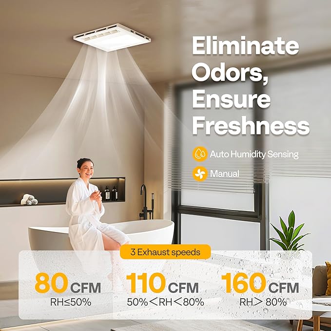 VIVOHOME Bathroom Exhaust Fan with 1800W PTC Heater, Humidity Sensor & LED Light, Ceiling Mount Ventilation Fan, 160 CFM DC Motor, 3 Color Temperatures, Remote Control, Oscillating Louver - Image 3