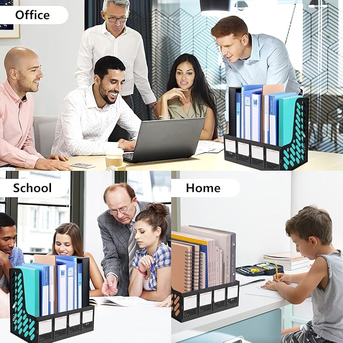 SAYEEC Magazine File Holder, Plastic Desktop File Folder Organizer with 4 Large Compartments, Vertical Desk Binder Organizer Office Organization and Storage File Holder for Desk, School, Home (Black) - Image 6