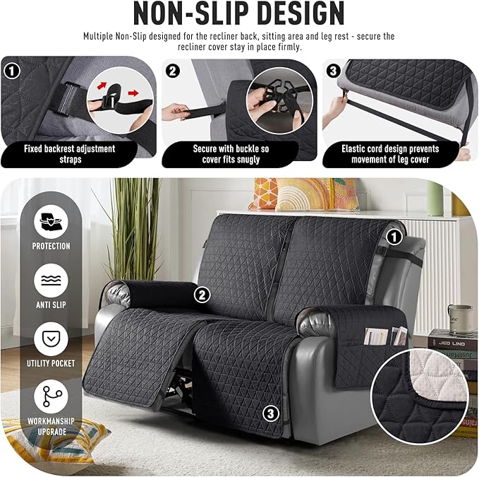 TAOCOCO 100% Waterproof Recliner Cover, Non-Slip Washable Reclining Couch Cover with Elastic Leg Straps, Furniture Protector for Dogs (Black, 2 Seater) - Image 5