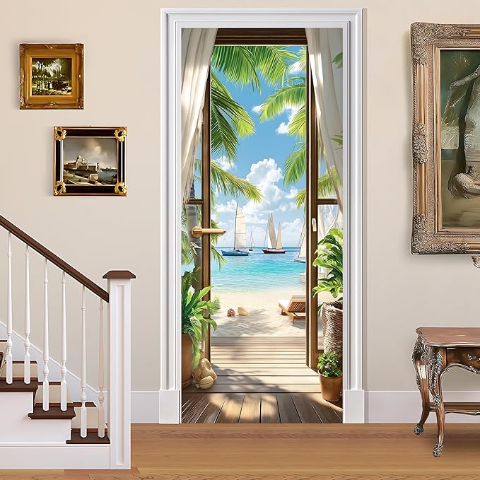 3D Door Decals Stickers Peel Stick Wall Murals Vinyl Wallpaper Self-Adhesive Mural Door Covers Decorative for Furniture Home Decor Wrinkle-Resistant Waterproof by BVBOX