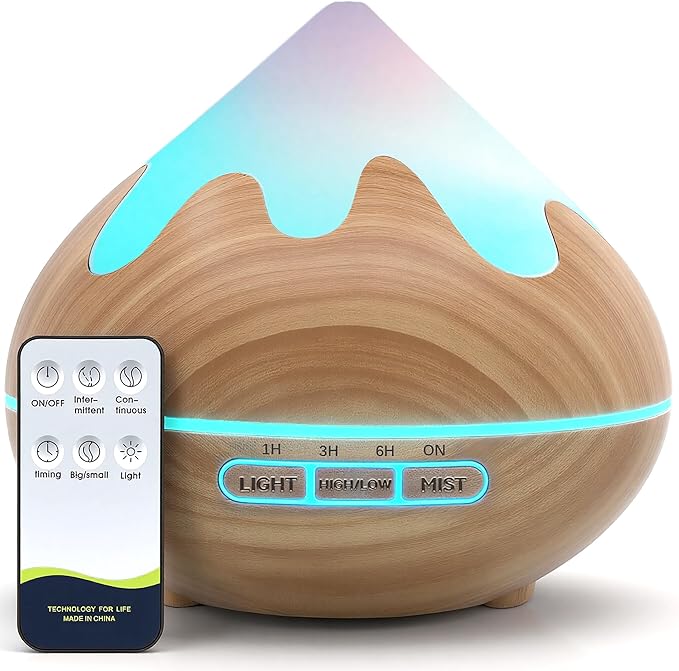 500ML Essential Oil Diffuser, Aromatherapy Diffuser with Remote Control, Multifunctional Air Diffusers for Home Office Room, Fragrance Aroma Diffuser with 7 Color LED & 2 Mist Mode, Brown by Unknown