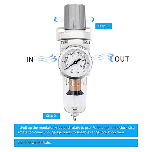 NANPU 1/4" NPT Compressed Air Filter Regulator Combo Piggyback, 5 Micron Brass Element, Poly Bowl, Semi-Auto Drain, Metal Bracket, 0-150 psi Gauge - Image 4