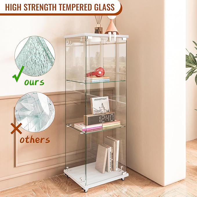 Yoluckea 3-Shelf Glass Display Cabinet with LED Lights, 1-Door Floor Standing Curio Cabinet with Universal Wheel for Home or Office, White Glass Bookshelf for Collections, Decor, and Corner Display - Image 6