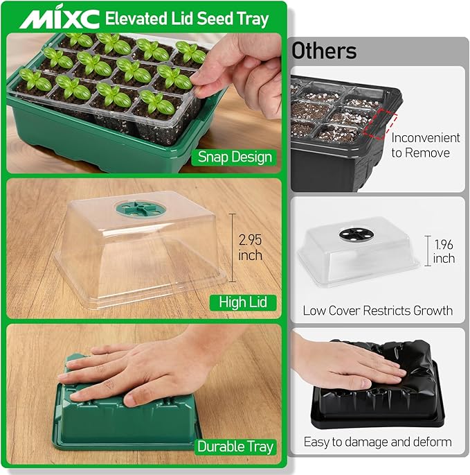 MIXC Seed Starter Tray with Elevated Lid, 120 Cells Seed Starter Kit with Adjustable Humidity Dome, Drainage Hole, Clear Heightened Lids for Indoor Outdoor Greenhouse Gardens, 10 Pack, Green - Image 4