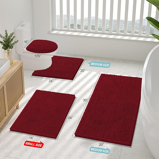 Smiry Luxury Chenille Toilet Rugs U-Shaped 24x20, Soft Absorbent Non-Slip Contour Bathroom Rugs for Toilet, Machine Washable Contoured Bath Mats, Red - Image 2