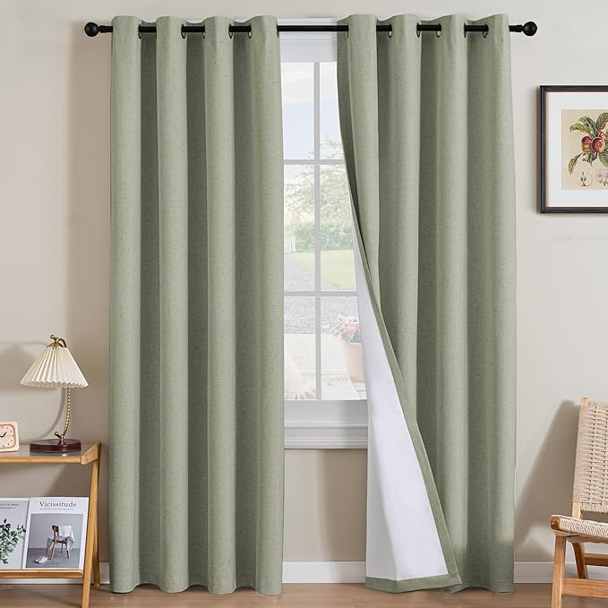 H.VERSAILTEX Linen Curtains 100% Blackout Curtains for Bedroom 84 inch Long Full Light Blocking Nature Linen Blended Window Curtains for Living Room Nickel Grommet (2 Panels, Heathered Tea) by HVERSAILTEX