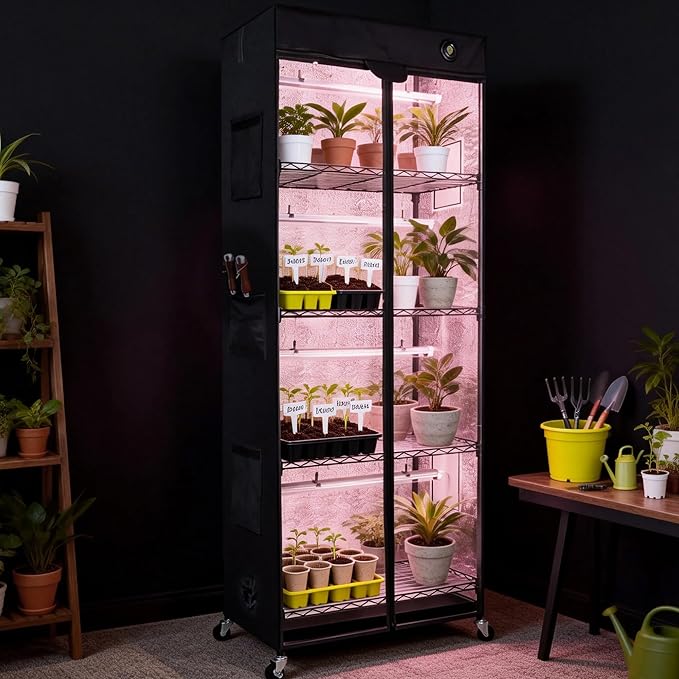 WORTH Mini Greenhouse with LED Grow Lights & Digital Thermo-Hygrometer – Portable Indoor Plant Grow Tent with Oxford Fabric Cover, Adjustable Shelves, Casters & Ventilation Flaps for Seed Starting by WORTH