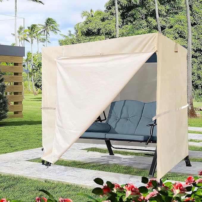 Outdoor 3 Triple Seater Hammock Swing Cover - Garden Glider Chair Canopy - UV Resistant (82 * 49 * 67 inch) Beige - Image 6