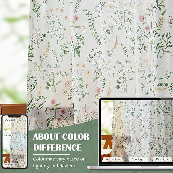 jinchan Floral Linen Blend Curtains for Living Room 63 Inch Length French Country Farmhouse Printed Curtains Sage Green on White Rod Pocket Back Tab Light Filtering Window Drapes 2 Panels - Image 6