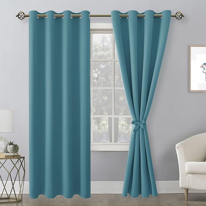 Hiasan Blackout Curtains for Bedroom, 52 x 84 Inches Long - Thermal Insulated & Light Blocking Window Curtains for Living Room, 2 Drape Panels Sewn with Tiebacks, Turquoise - Image 2