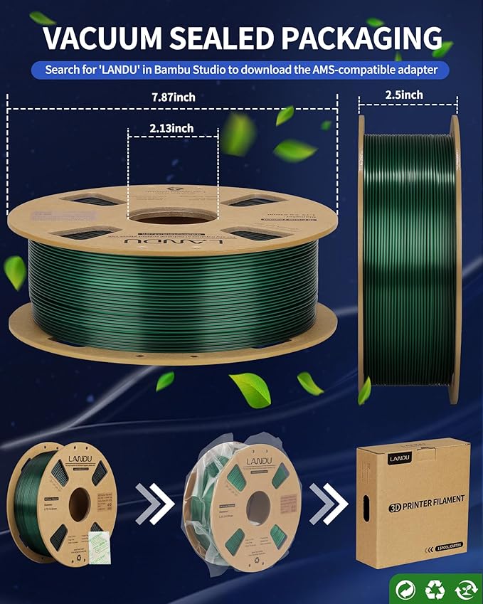 LANDU Silk Dual Color PLA Filament 1.75mm 1KG, 3D Printer Filament Dimensional Accuracy +/- 0.02mm, Coextrusion Filament PLA Shiny Filament Fits for Most FFF 3D Printers,1KG Spool,Black Green - Image 6
