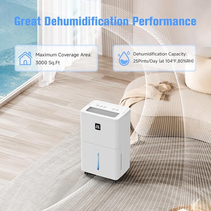 25 Pint Dehumidifier for Basement, Up to 3000 Sq.Ft, Quiet Dehumidifier with Drain Hose, Humidity Control, 24H Timer, Ideal for Bedroom, Bathroom, Room - Image 2