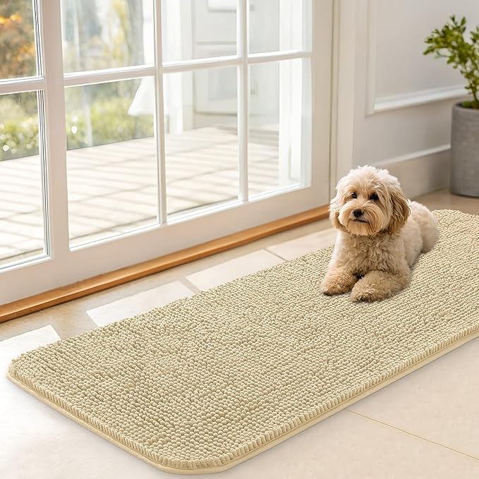 OLANLY Dog Door Mat for Muddy Paws 47x17, Absorbs Moisture and Dirt, Absorbent Non-Slip Washable Doormat, Quick Dry Chenille Mud Mat for Dogs, Entry Indoor Entryway Carpet for Inside Floor, Sand by OLANLY