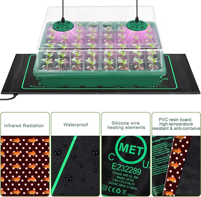 Seed Starter Kit with Grow Light Seedling Heat Mat 48 Cells Seed Starter Tray with Humidity Dome and Base Germination Trays Plastic Growing Trays Plant Propagation Kit for Seed Starting, Green - Image 3