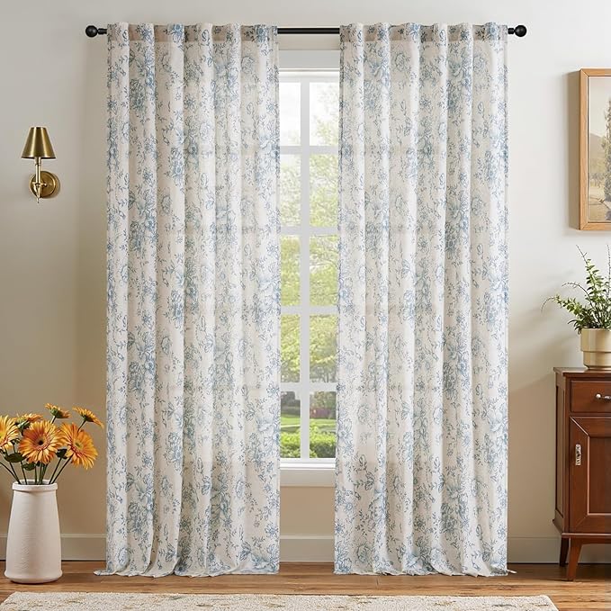 jinchan Linen Blend Curtain Floral Curtains for Living Room 108 Inch Length Blue Printed Curtain Rod Pocket Back Tab Farmhouse Peony Flower Patterned Drapes Bedroom Window Curtains Set 2 Panels - Image 7