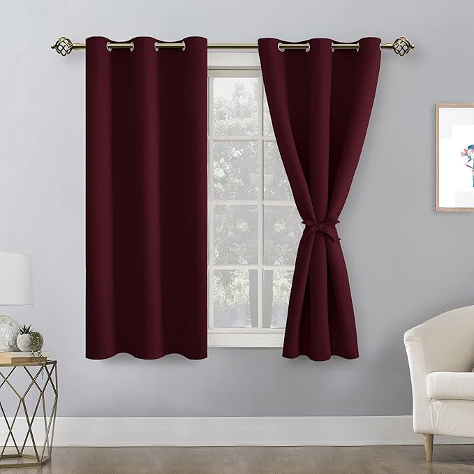Hiasan Short Blackout Curtains for Bedroom - Thermal Insulated & Light Blocking Window Curtains for Living Room Christmas Decor, 2 Drape Panels Sewn with Tiebacks, Burgundy, 38 x 45 Inch - Image 2