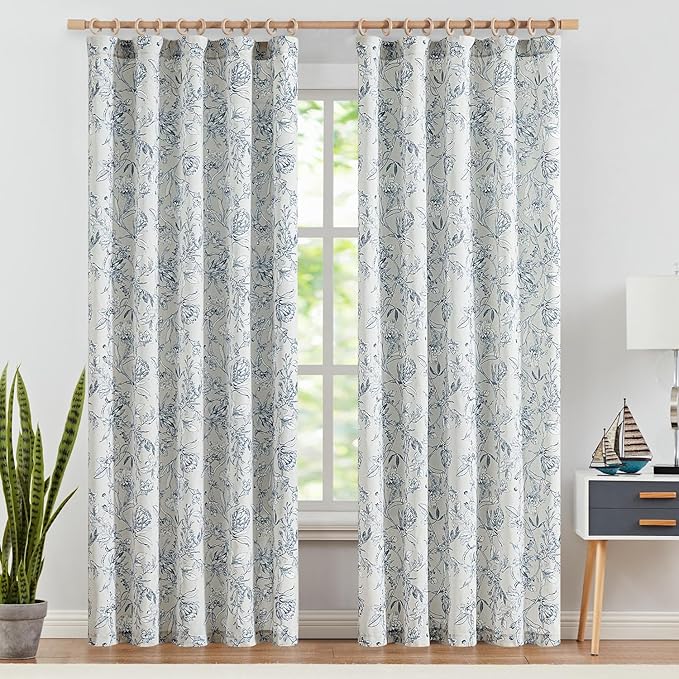jinchan Floral Curtains 84 Inches Long Blue Flower Linen Farmhouse Curtain for Living Room French Country Vintage Curtain Rod Pocket Curtains Set 2 Panels Blue Floral Printed - Image 2