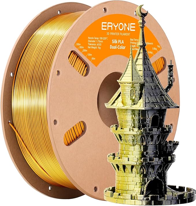 ERYONE Silk Dual Color PLA Filament 3D Printer 1.75mm +/- 0.03mm, Bicolor Filament Two Tone PLA 1KG(2.2lbs) Cardboard Spool, Black Gold by ERYONE