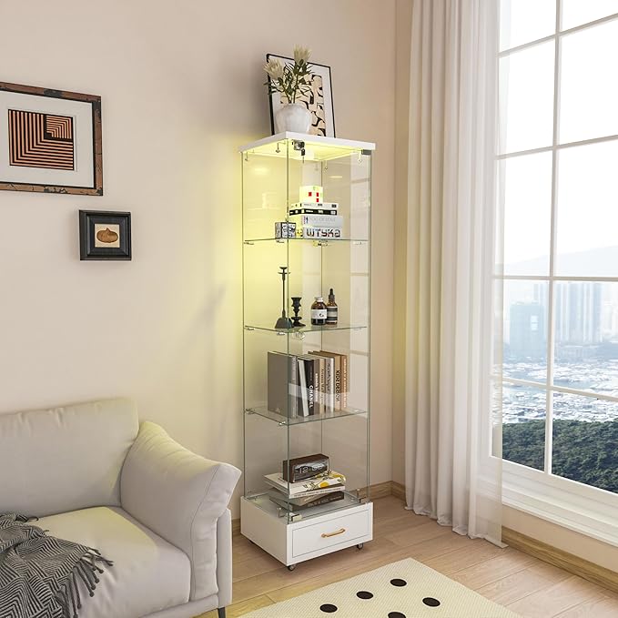 Yoluckea 4 Tiers Glass Display Cabinet with LED Lighting and Drawer, 1 Door Floor Standing Curio Cabinet with Wheel for Home, Office, Corner Display, White Glass Bookshelf for Collections and Decor - Image 6