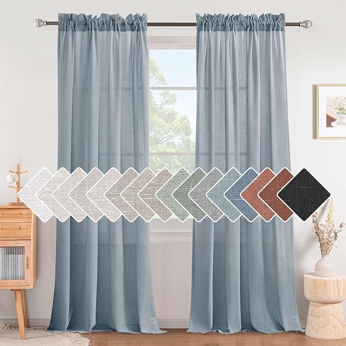 Linen Curtains Elegant Natural Linen Blended Curtains Energy Efficient Light Filtering / Rod Pocket Window Treatments Panels / Drapes for Livingroom (Set of 2, Stone Blue, 52 inch W X 108 inch L) by HVERSAILTEX